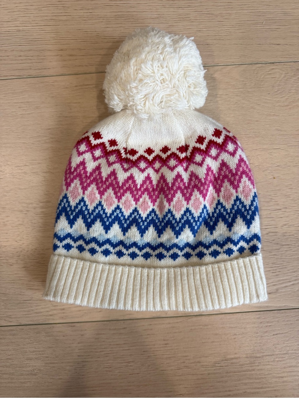 Janie and Jack Cream Pom-Pom Beanie with Pink & Blue Fair Isle | 0-6 months